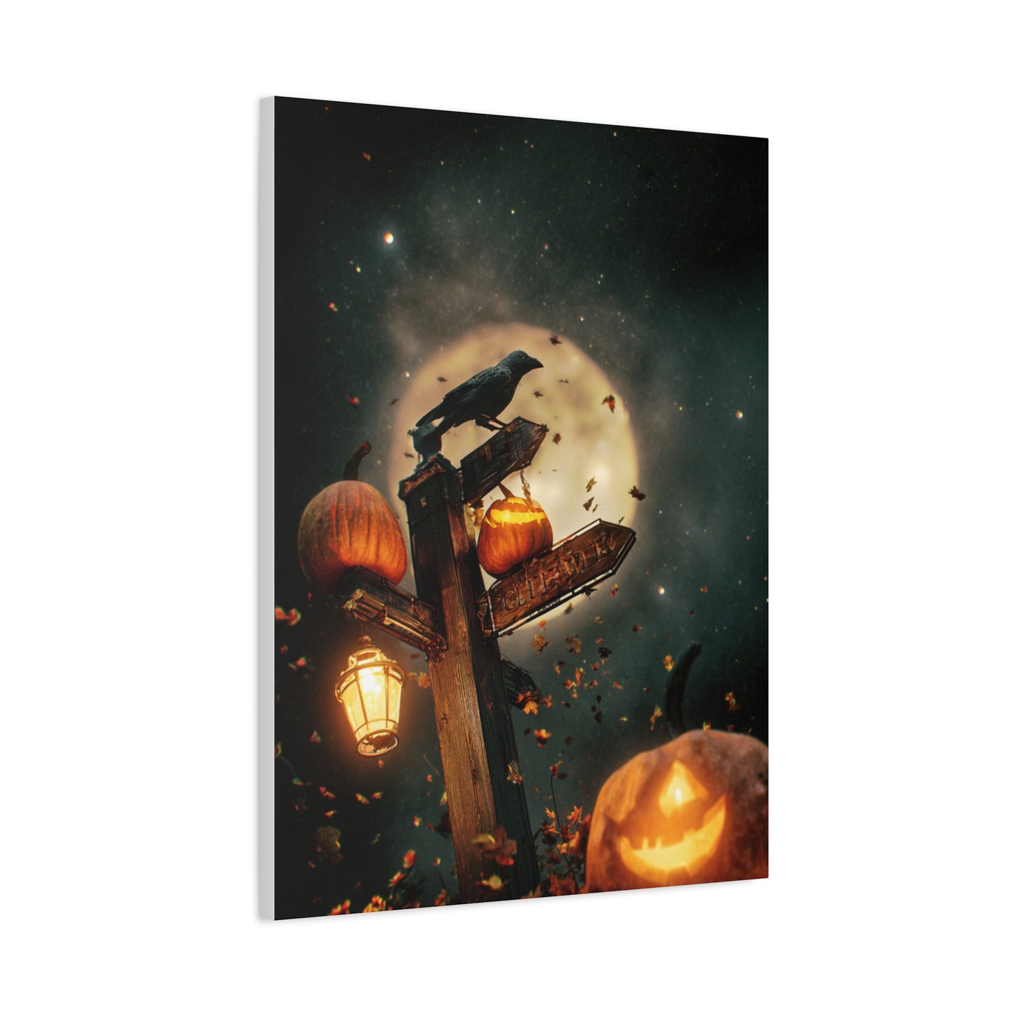 Crow on Pumpkin Signpost Under the Full Moon Wall Art & Canvas Print
