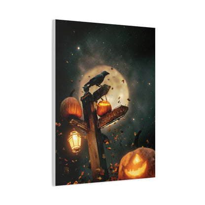 Crow on Pumpkin Signpost Under the Full Moon Wall Art & Canvas Print