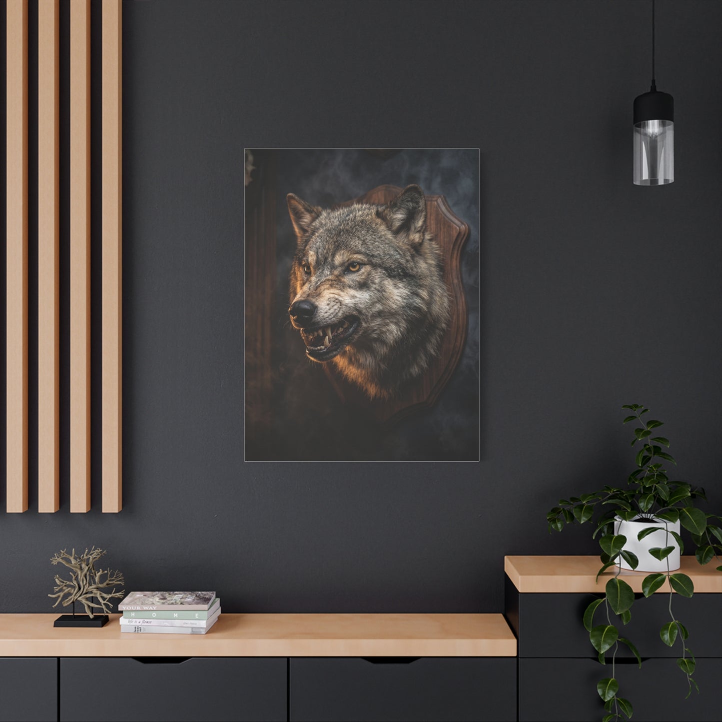 Mounted Wolf Head Lodge Trophy Scene Wall Art & Canvas Print