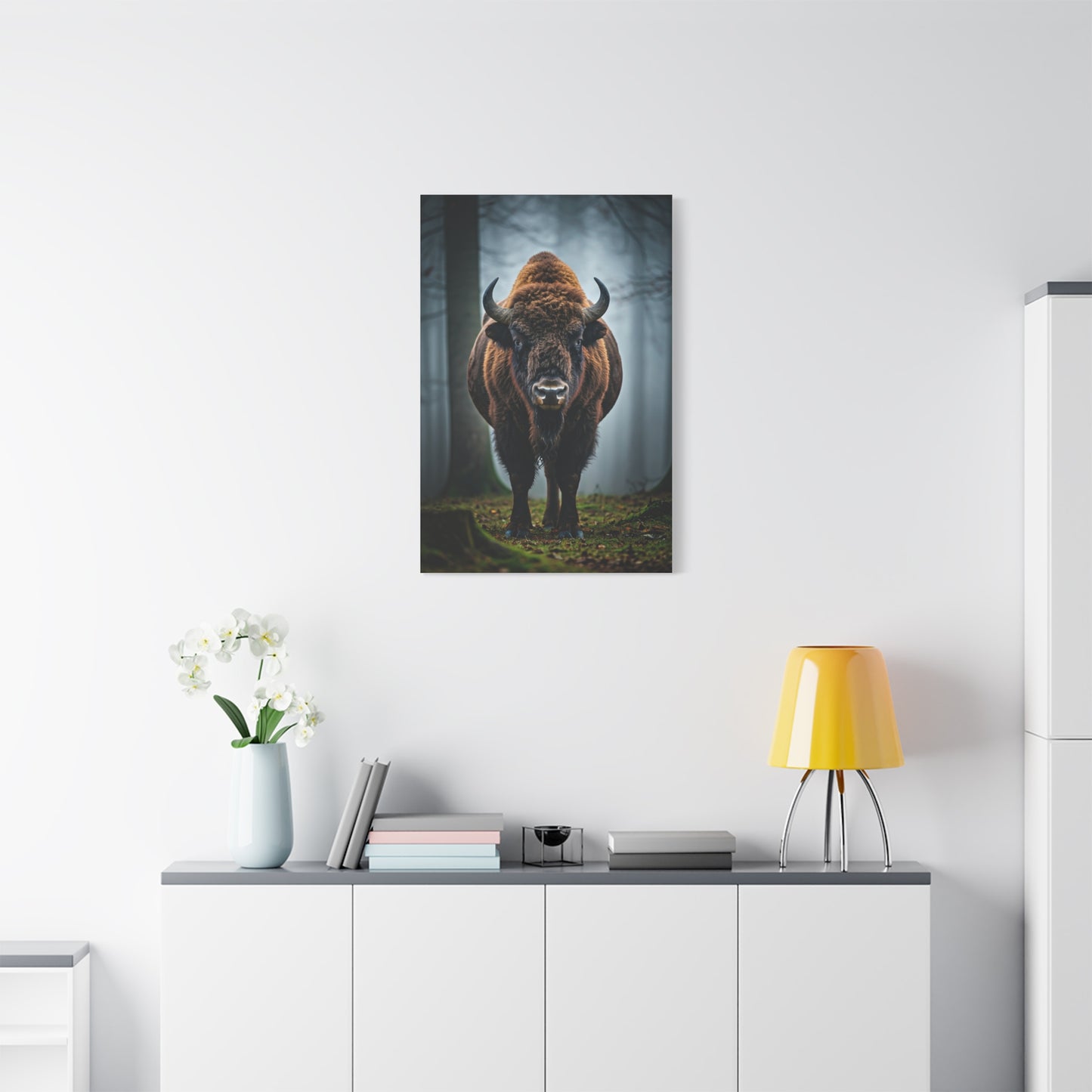 Bison Emerging from Forest Mist Wall Art & Canvas Print