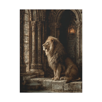 Lion in Ancient Stone Hall Royal Guardian Wall Art & Canvas Print