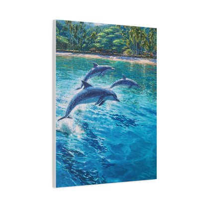 Dolphins Leaping Near Tropical Coastline Wall Art & Canvas Print