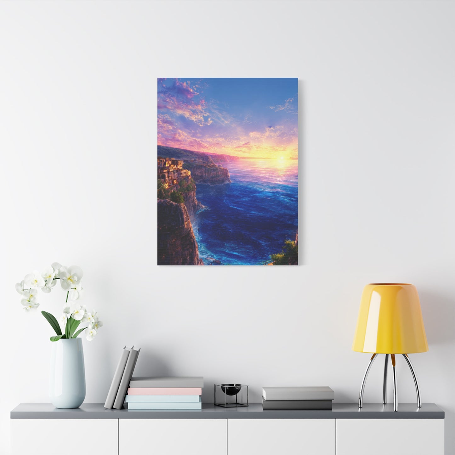 Coastal Village Cliffs at Golden Sunset Wall Art & Canvas Print