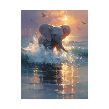Baby Elephant Ocean Splash Wall Art & Canvas Print