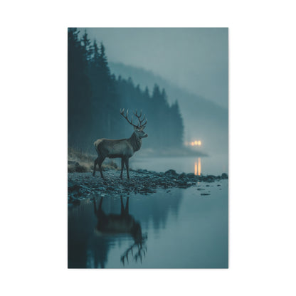 Blue Hour Lakeside Stag Reflection Wall Art & Canvas Print