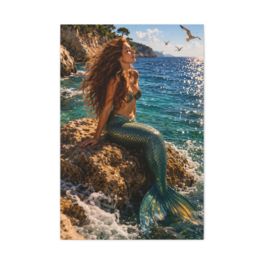 Sunlit Coastal Mermaid Escape Wall Art & Canvas Print