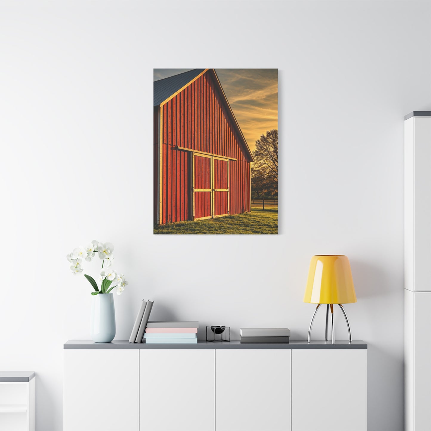 Red Barn in Golden Countryside Wall Art & Canvas Prints