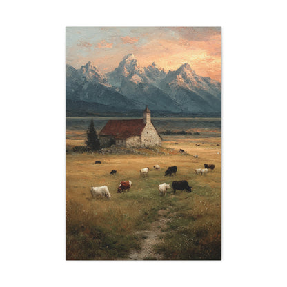 Rustic Mountain Farm Bulls & Cows Painting Wall Art & Canvas Print