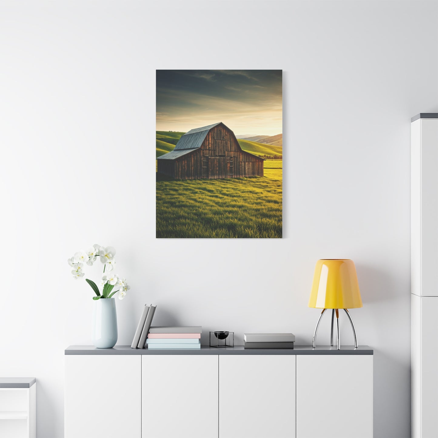 Sunlit Meadow Barn Landscape Wall Art & Canvas Prints