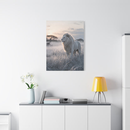 White Lion in Misty Savanna Dawn Wall Art & Canvas Print