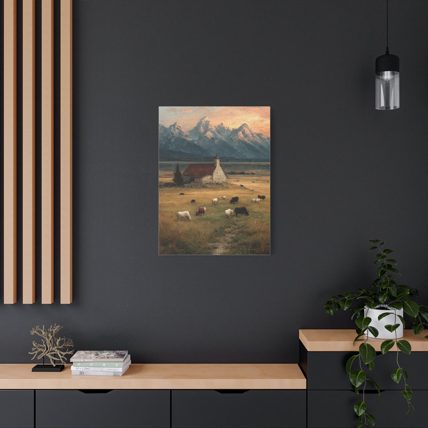 Rustic Mountain Farm Bulls & Cows Painting Wall Art & Canvas Print