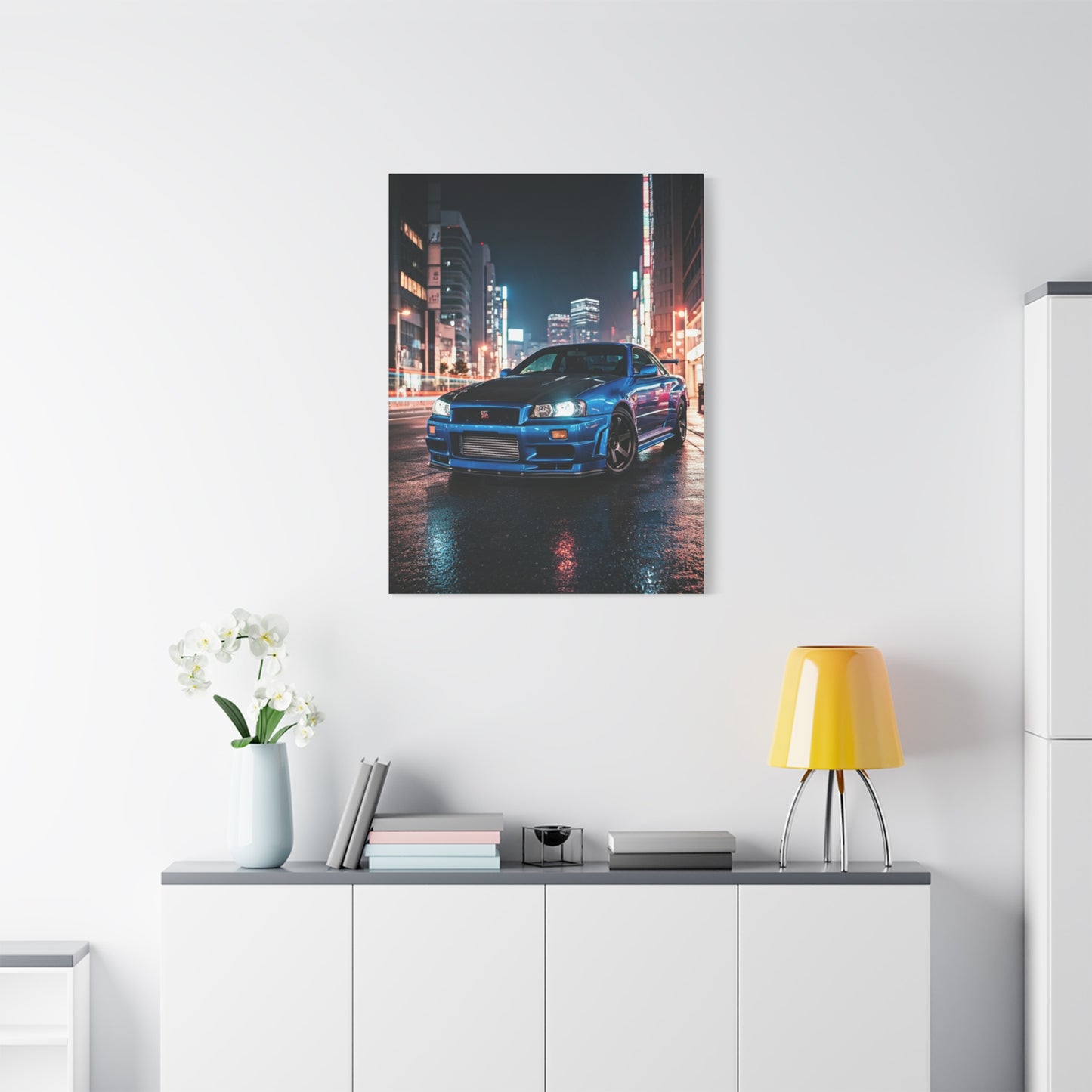 Nissan Skyline GT-R R34 City Rain Reflections Wall Art & Canvas Prints