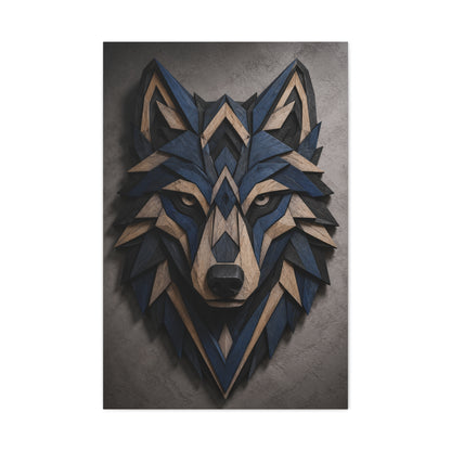 Layered Blue Geometric Wolf Head Sculpture Wall Art & Canvas Print
