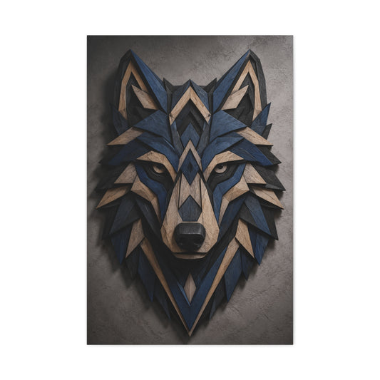 Layered Blue Geometric Wolf Head Sculpture Wall Art & Canvas Print