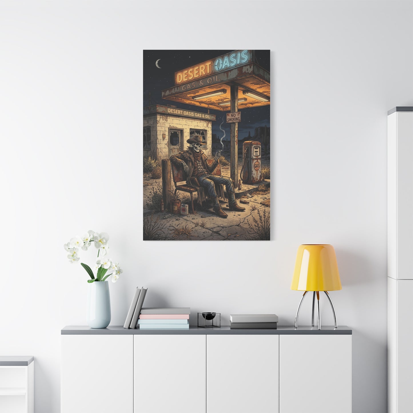 Desert Oasis Skeleton Cowboy Scene Wall Art & Canvas Print
