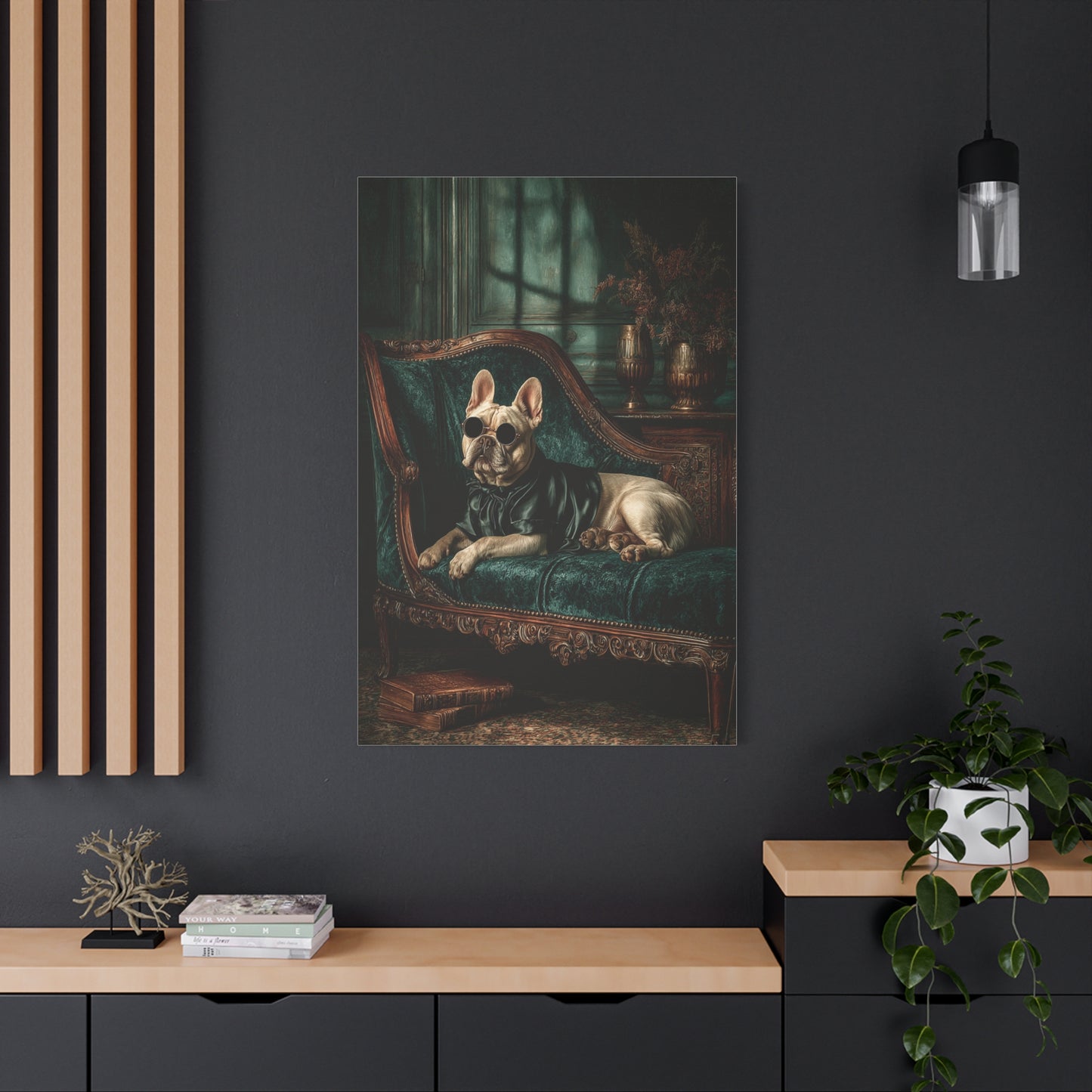 French Bulldog on Emerald Velvet Chaise Wall Art & Canvas Print
