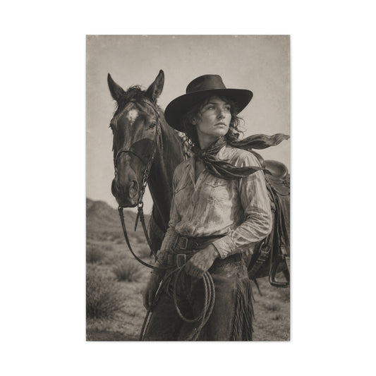 Black & White Cowgirl Portrait with Horse Wall Art & Canvas Print