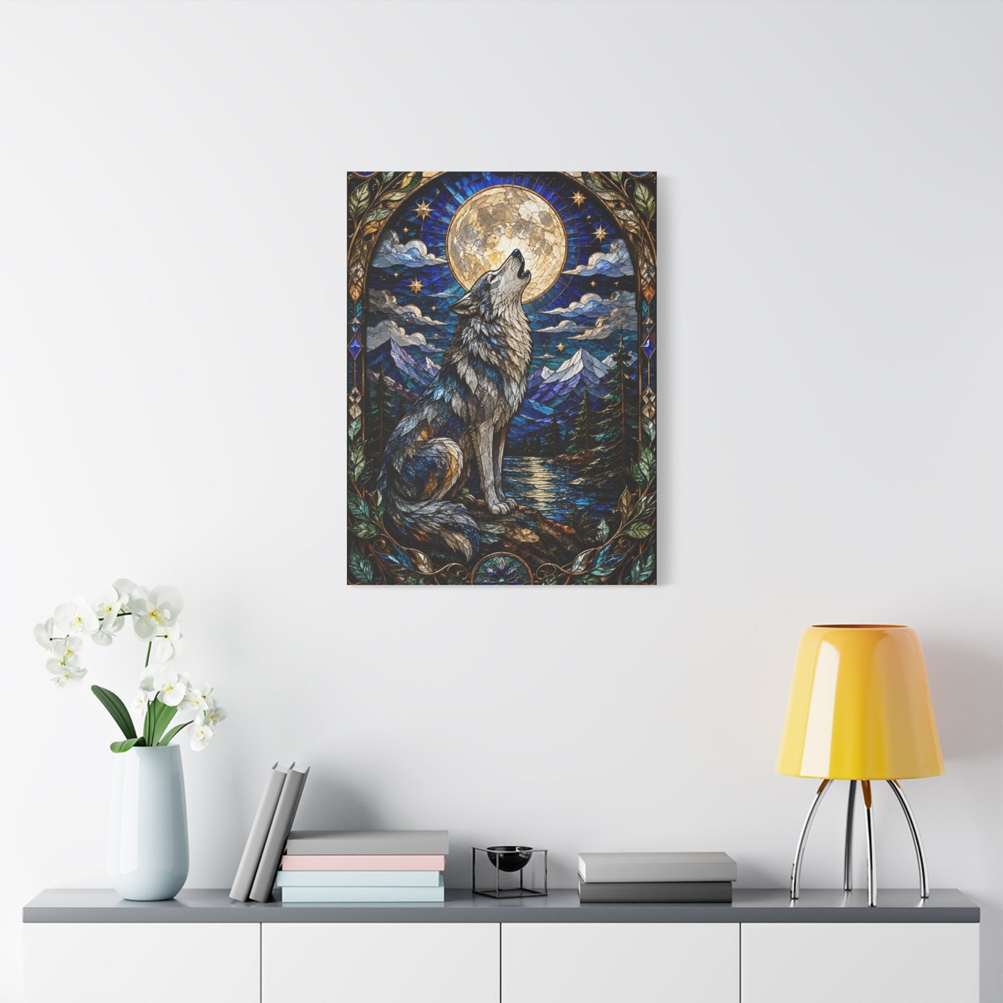 Stained Glass Moonlit Wolf Landscape Wall Art & Canvas Print