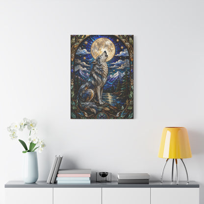 Stained Glass Moonlit Wolf Landscape Wall Art & Canvas Print