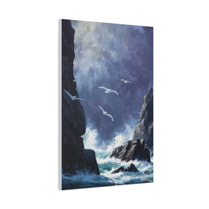 Seagulls Flying Above Crashing Coastal Waves Wall Art & Canvas Print