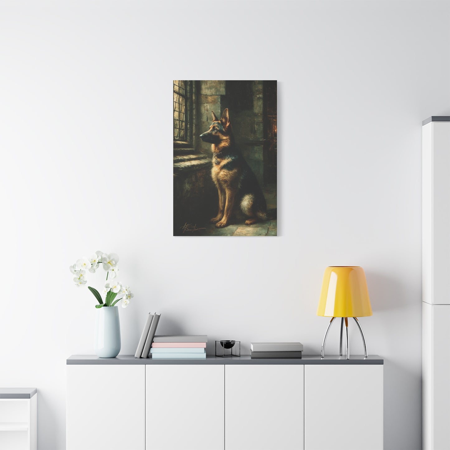 German Shepherd by Window Wall Art & Canvas Print