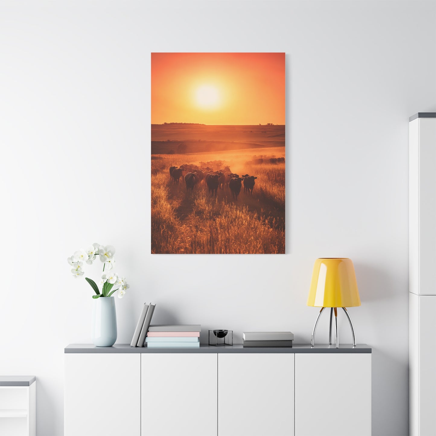 Golden Sunset Cattle Trail Wall Art & Canvas Print