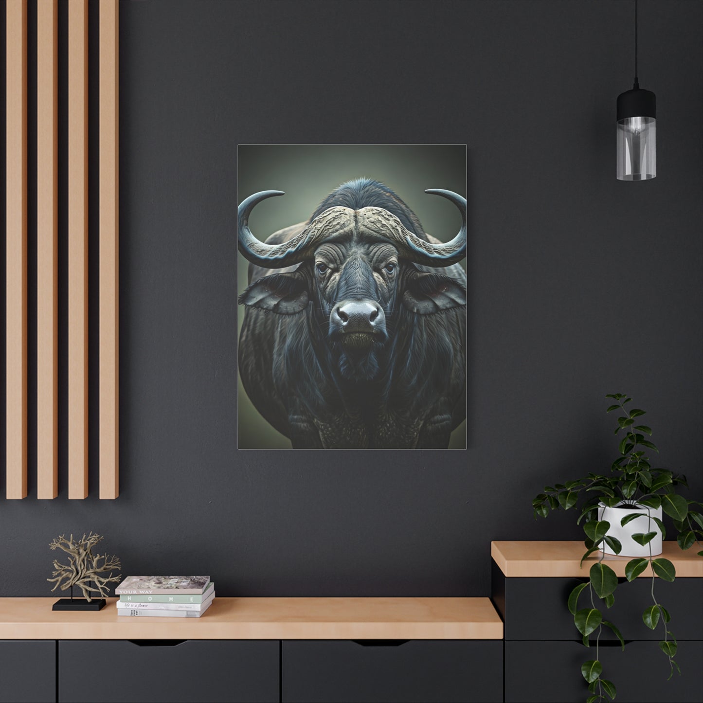 Dark Forest Buffalo with Dramatic Shadow Contrast Wall Art & Canvas Print