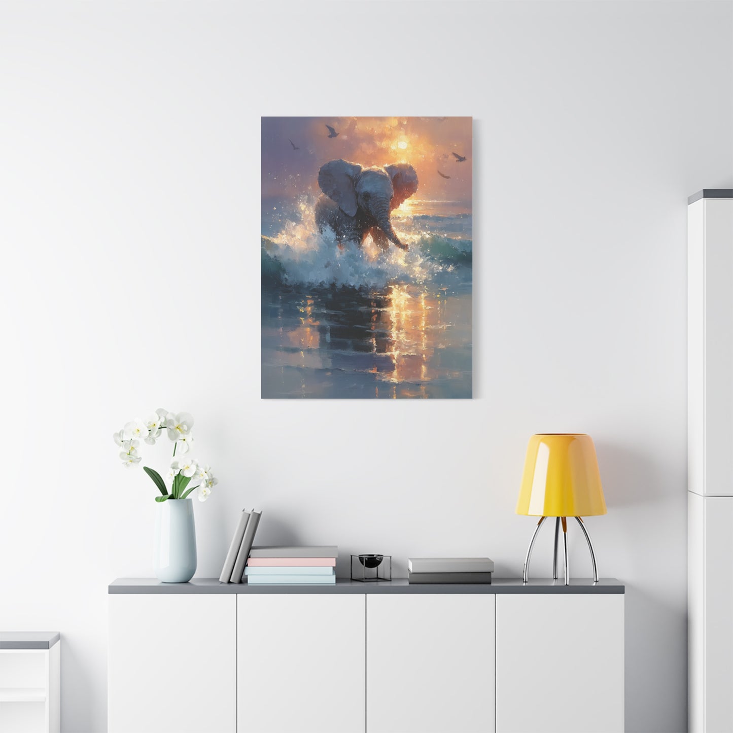 Baby Elephant Ocean Splash Wall Art & Canvas Print