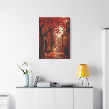 Autumn Red Blossom Street Scene Wall Art & Canvas Print