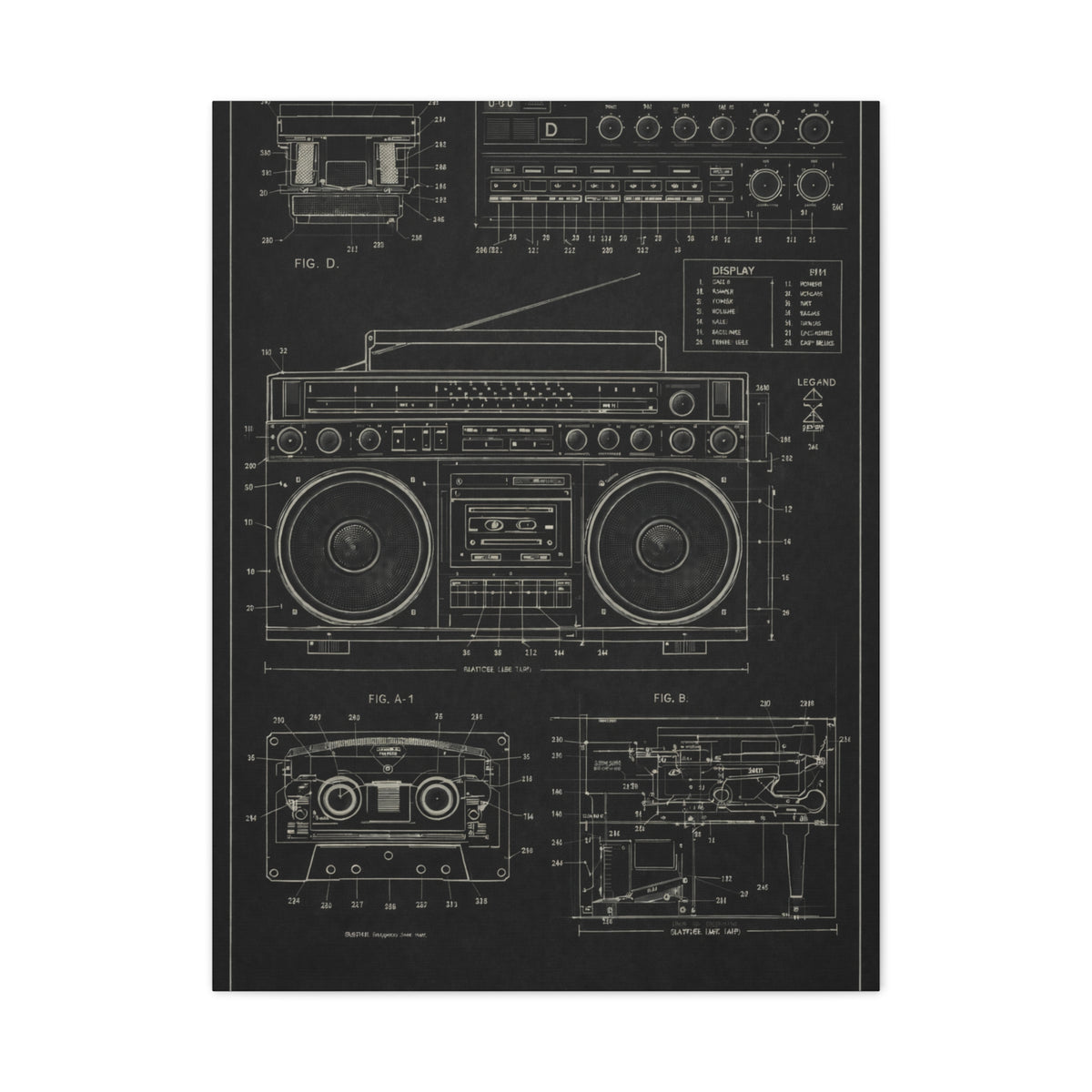 Vintage Boombox Blueprint Illustration Wall Art & Canvas Print