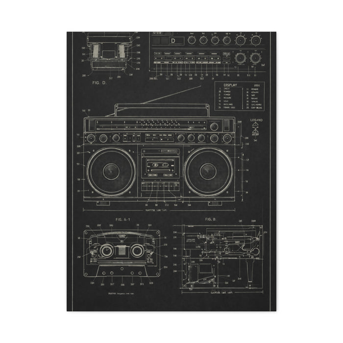 Vintage Boombox Blueprint Illustration Wall Art & Canvas Print