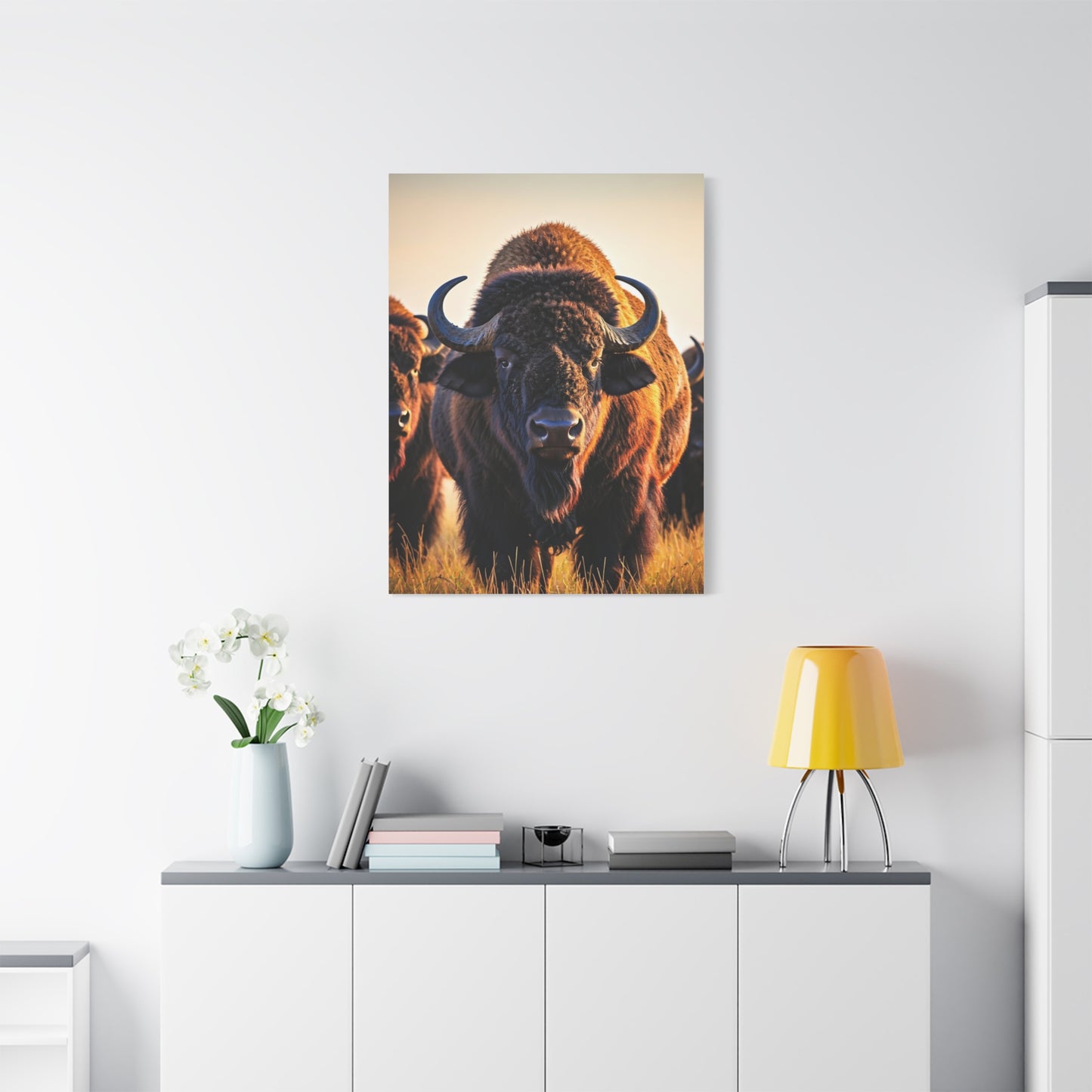 Bison Herd Leader in Golden Field Wall Art & Canvas Print