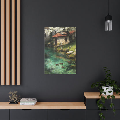 Spring Farmhouse Stream Scene Wall Art & Canvas Print