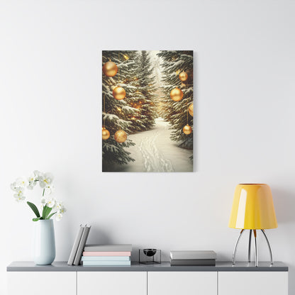 Snowy Pine Path With Golden Christmas Ornaments Wall Art & Canvas Print
