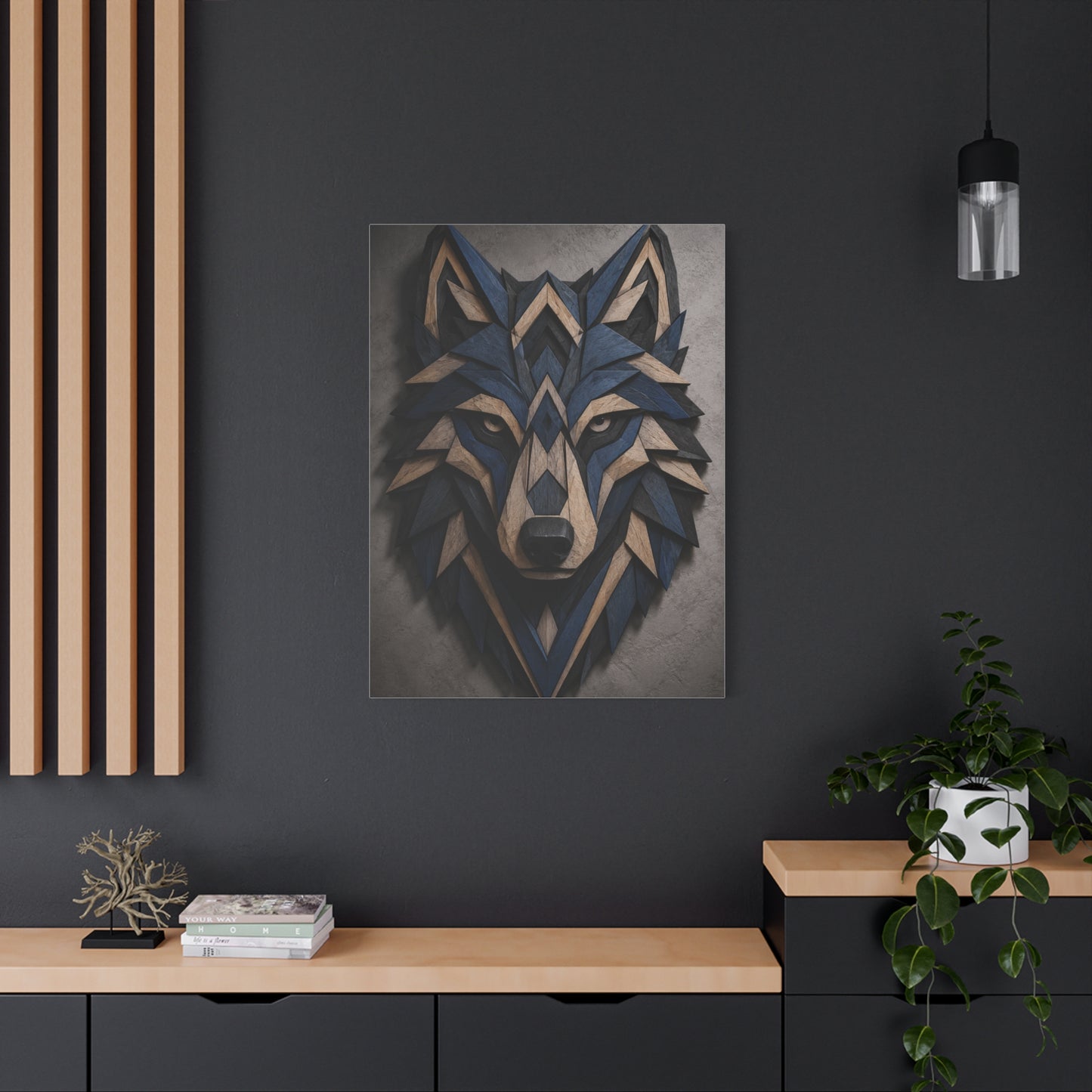Layered Blue Geometric Wolf Head Sculpture Wall Art & Canvas Print