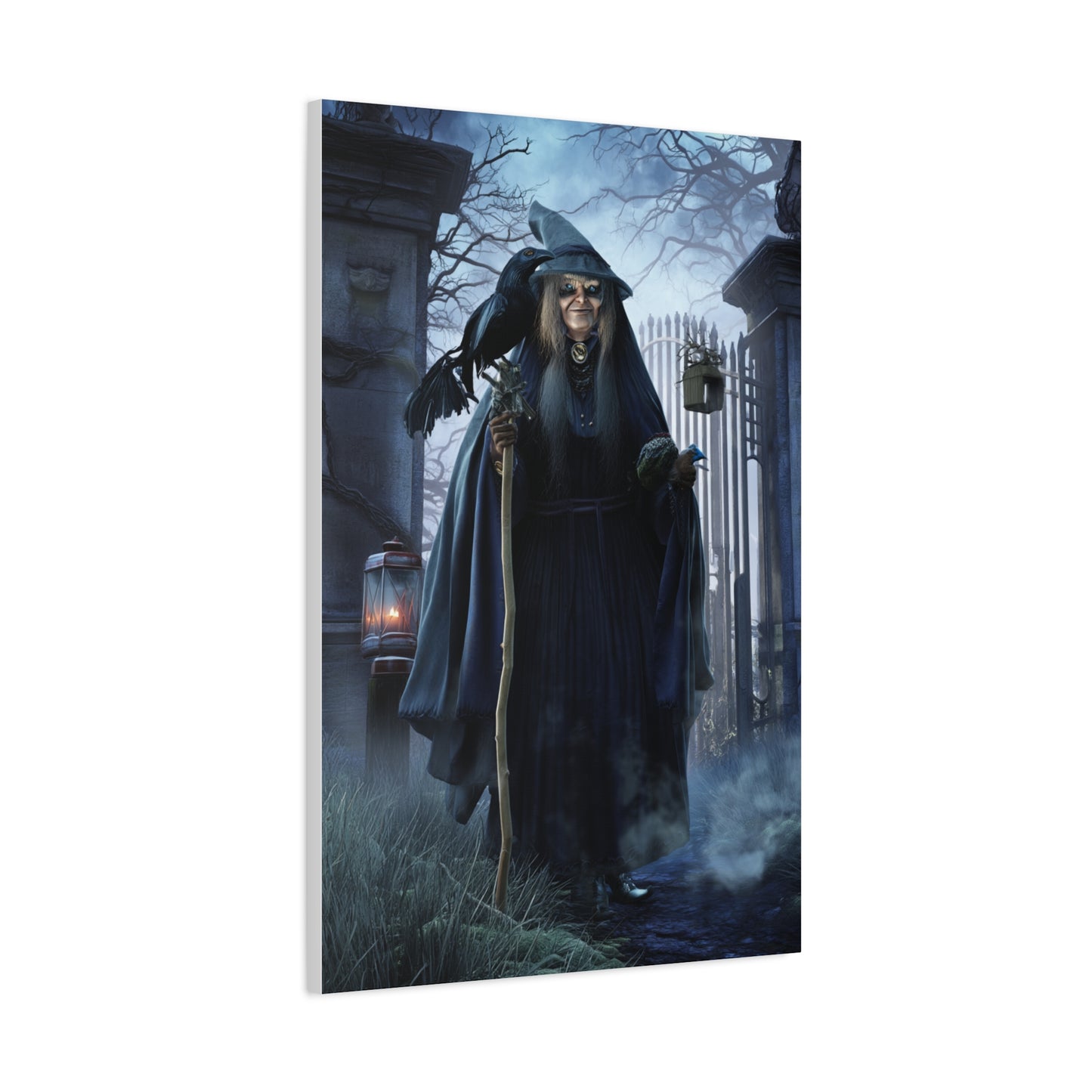 Witch with Raven at the Moonlit Cemetery Gate Wall Art & Canvas Print