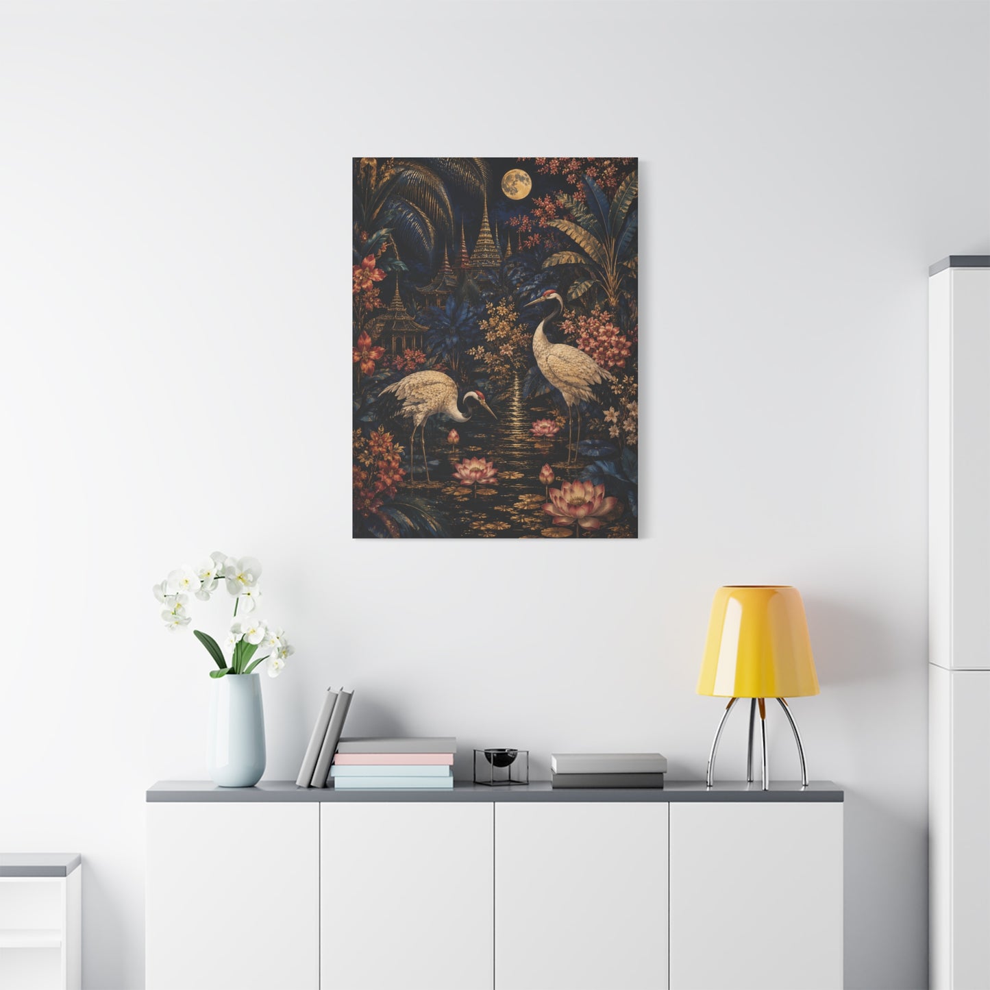 Moonlit Tropical Chinoiserie Crane Garden Tropical Wall Art & Canvas Print