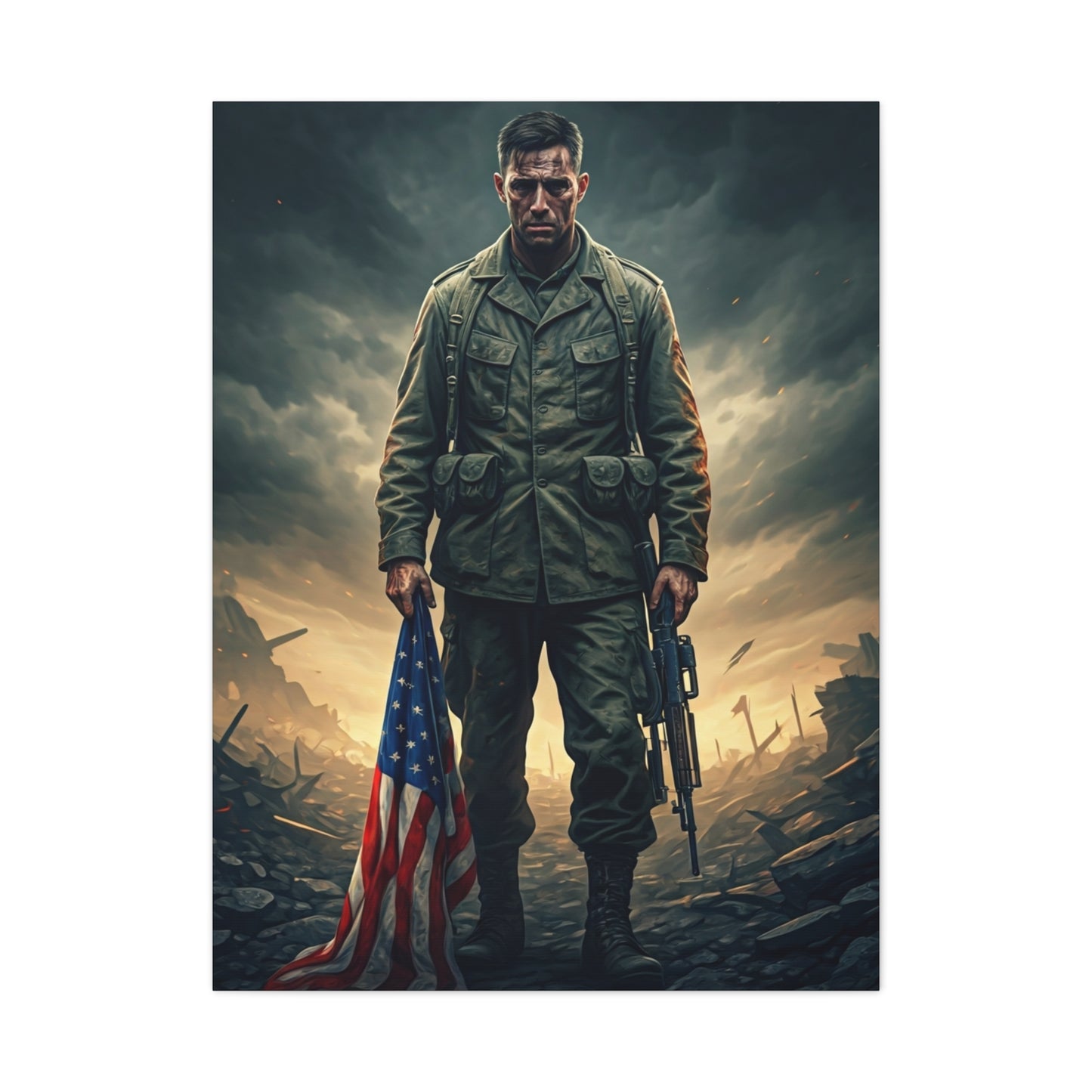 Soldier Standing With Flag of Courage Wall Art & Canvas Prints