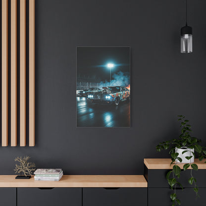 1970 Dodge Charger R/T vs 1970 Plymouth Barracuda Night Drag Duel Wall Art & Canvas Prints