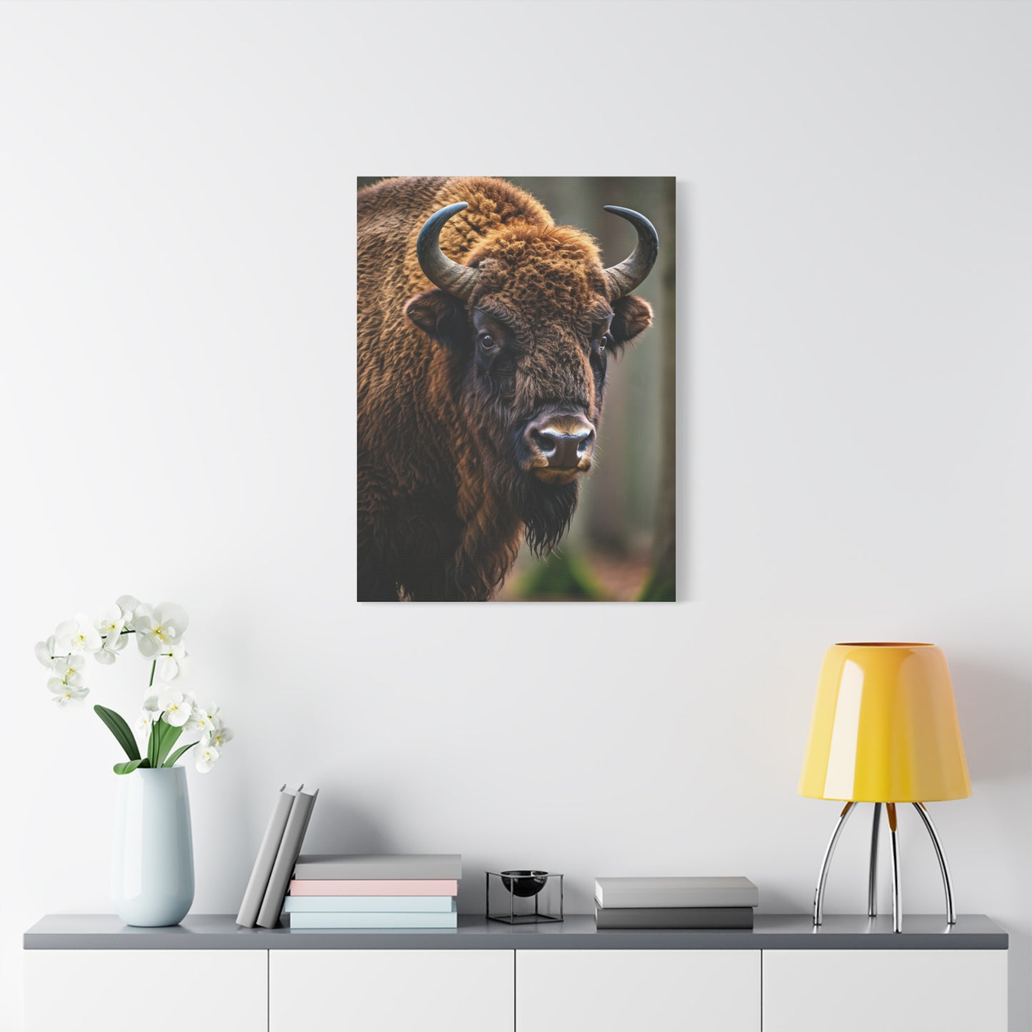Wood Bison Close-Up with Soft Forest Backdrop Wall Art & Canvas Print