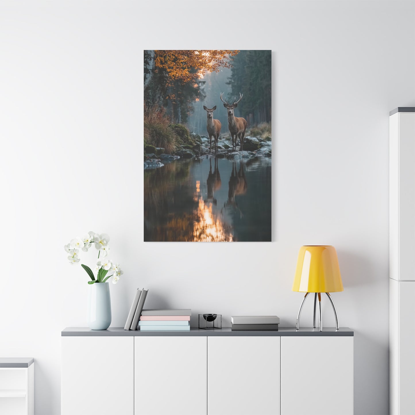 Autumn Forest Deer Reflection Wall Art & Canvas Print