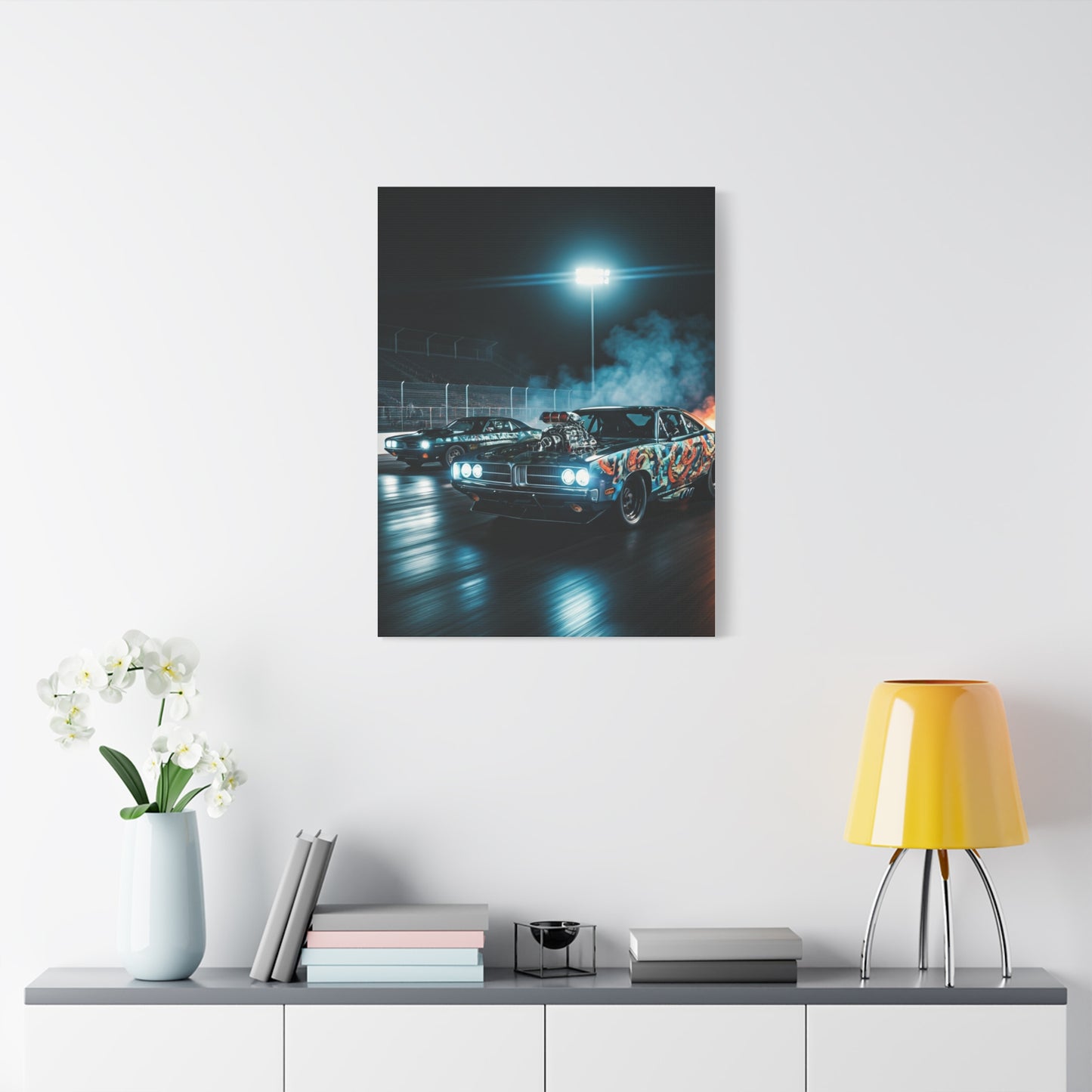 1970 Dodge Charger R/T vs 1970 Plymouth Barracuda Night Drag Duel Wall Art & Canvas Prints