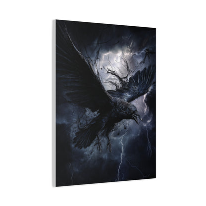 Raven Flying Through Storm Lightning Wall Art & Canvas Print