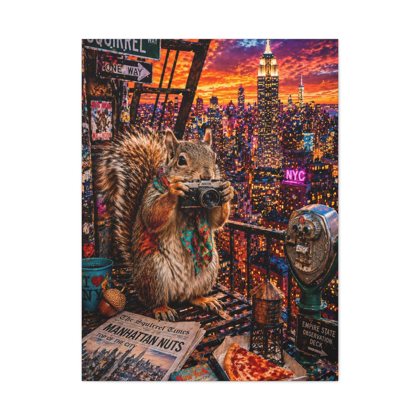 Surreal NYC Squirrel Rooftop Scene Wall Art & Canvas Print