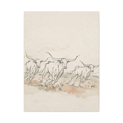 Running Longhorn Line Sketch Panorama Wall Art & Canvas Print