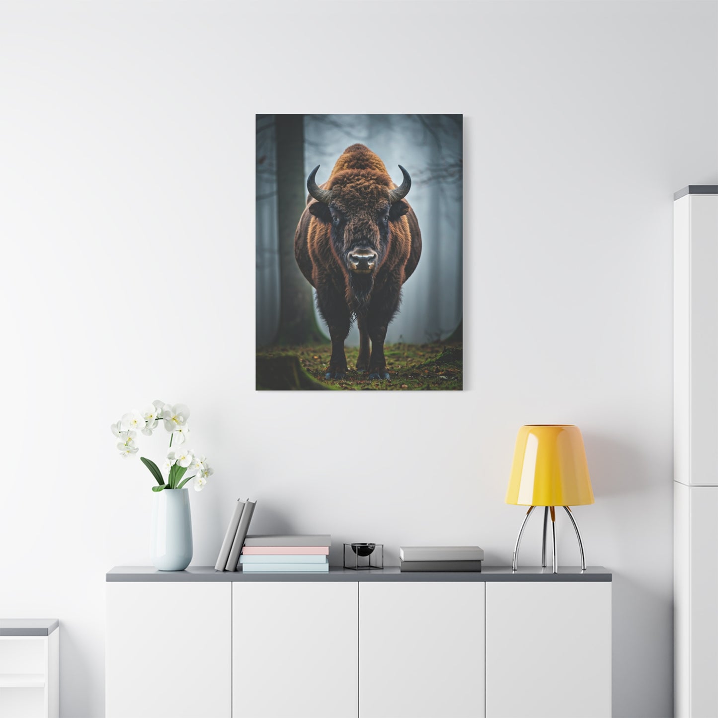 Bison Emerging from Forest Mist Wall Art & Canvas Print