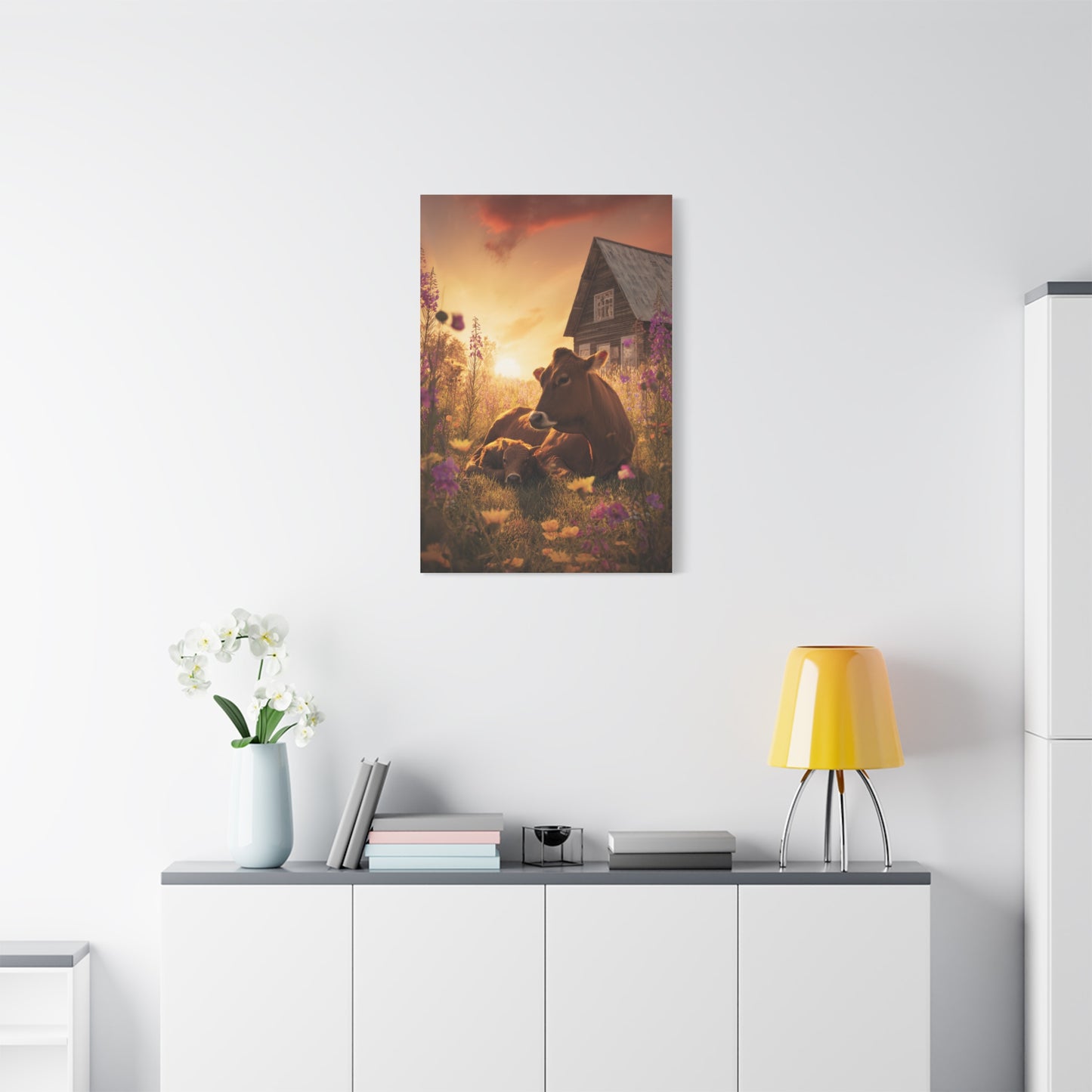 Sunset Farm Meadow Cow and Calf Wall Art & Canvas Print