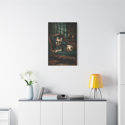 French Bulldog on Emerald Velvet Chaise Wall Art & Canvas Print