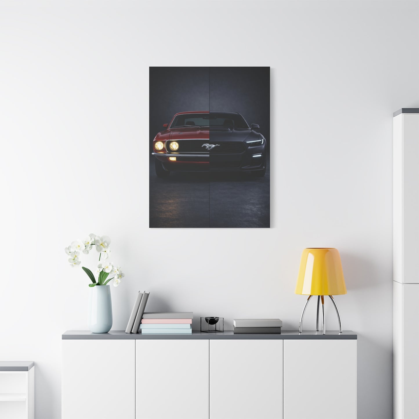 Ford Mustang Evolution Split 1969 vs Dark Horse Wall Art & Canvas Prints