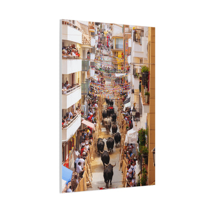 Spanish Village Bull Festival Street Scene Wall Art & Canvas Print